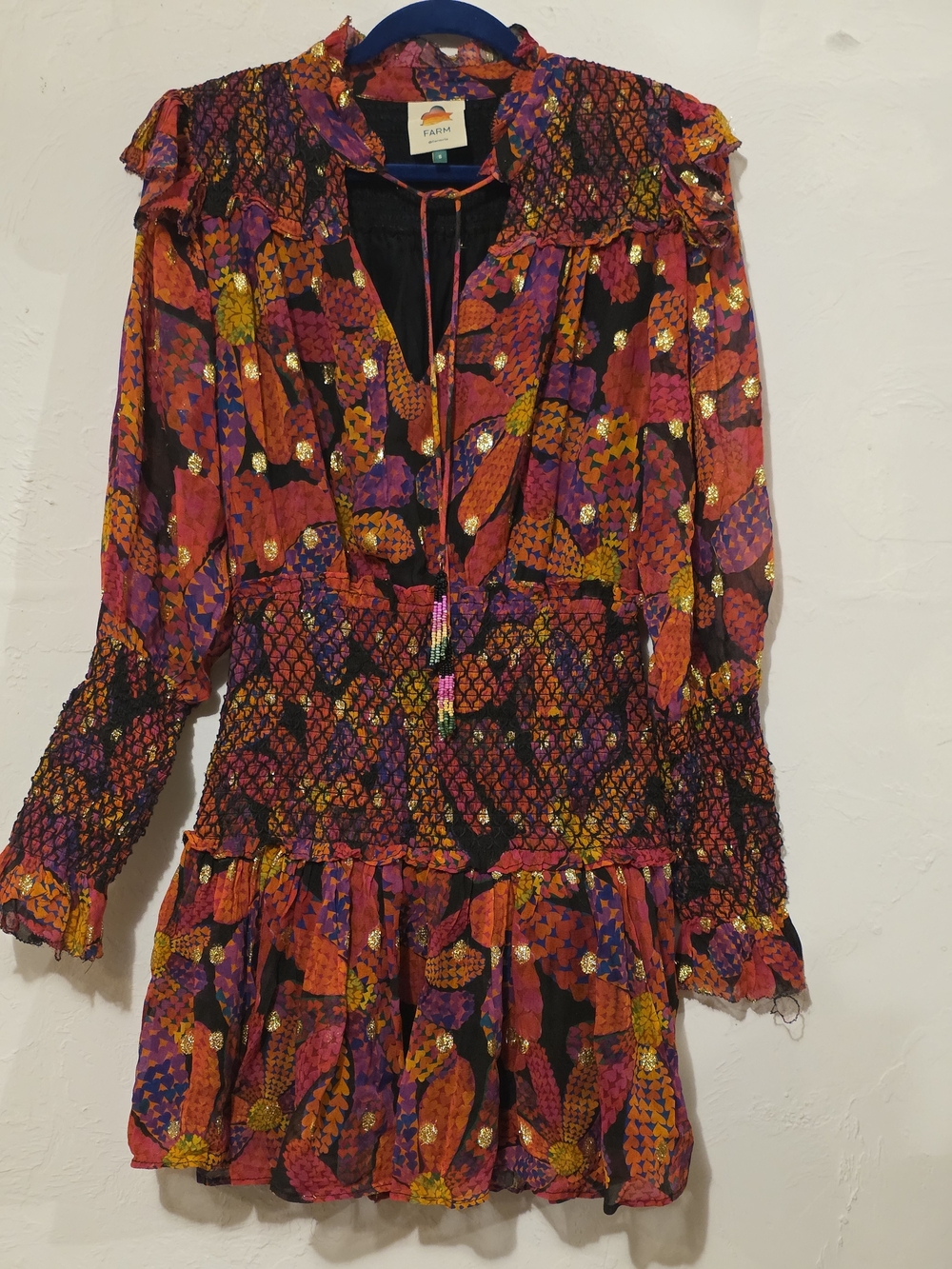 FARM Rio Pink Orange Purple Floral Smocked Long Sleeve Mini Dress